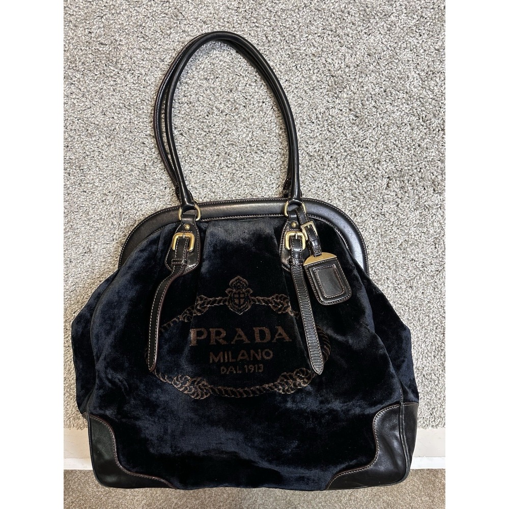 Authentic‎ Prada Black/Navy Velluto Jacquard Frame Bag Velvet Tote Purse Leather